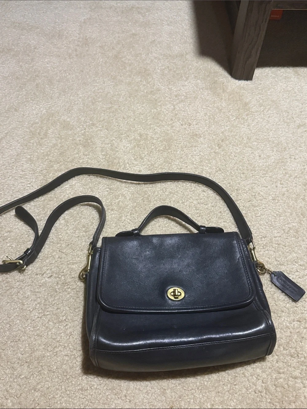 Vintage Coach Black Leather Turn-Lock Crossbody with Top Handle